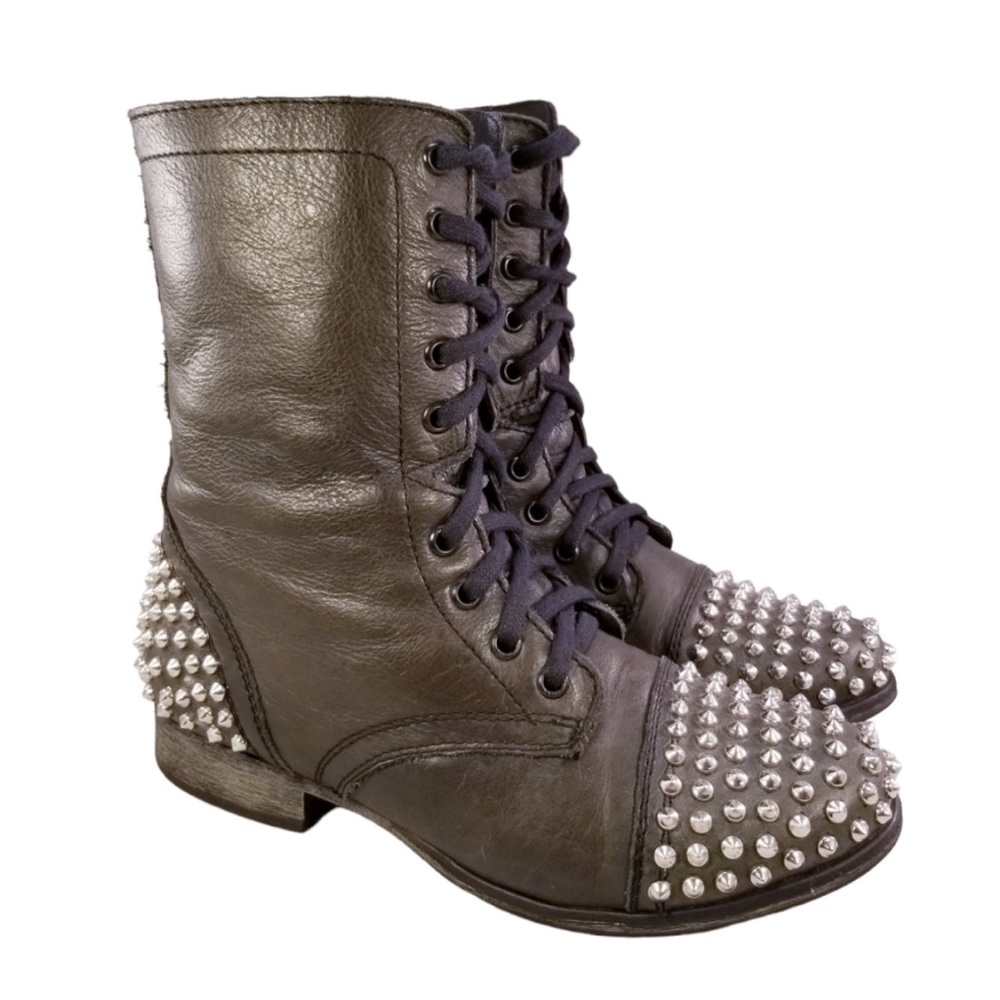 STEVE MADDEN TARNEY STUDDED GOTH GRANNY LACE UP COMBAT DARK GREEN LEATHER SZ 9